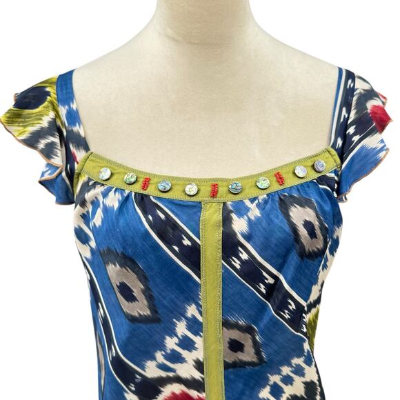 Burning Torch Colorful Ikat Print Embellished Square Neck 100% Silk Dress - Picture 4 of 11